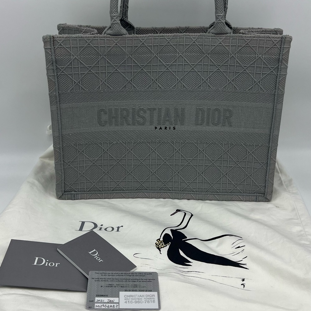Authentic NEW Christian Dior Embroidered Cannage canvas grey medium book tote - Picture 3 of 16